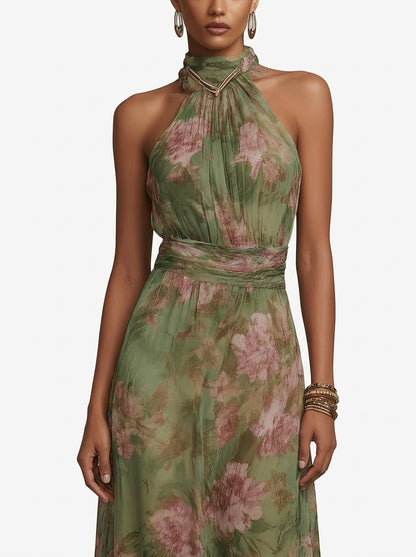 Livia - Elegante vestido largo con cuello halter y estampado floral