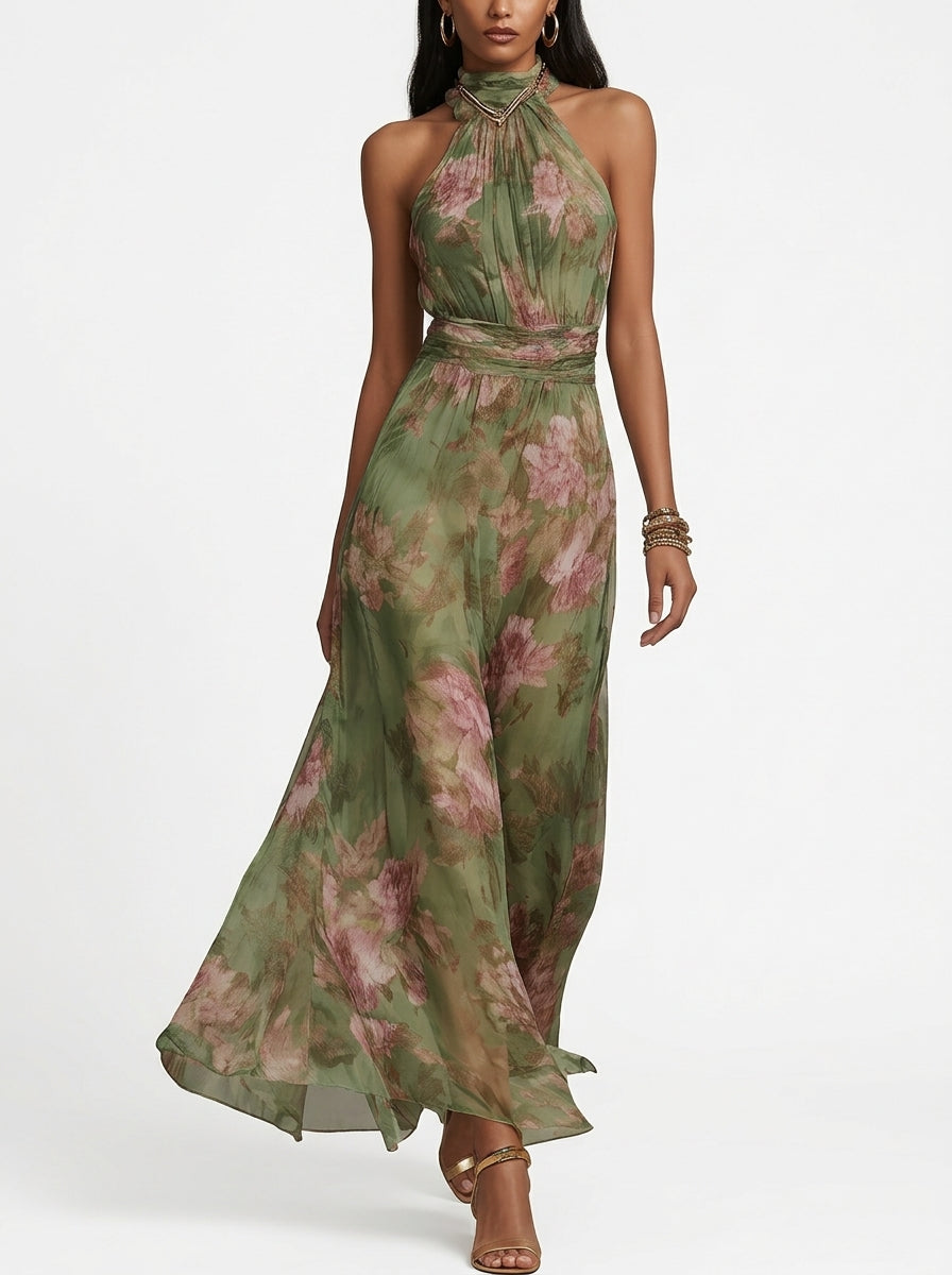 Livia - Elegante vestido largo con cuello halter y estampado floral
