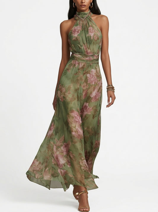 Livia - Elegante vestido largo con cuello halter y estampado floral