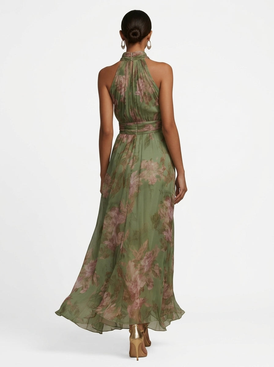 Livia - Elegante vestido largo con cuello halter y estampado floral